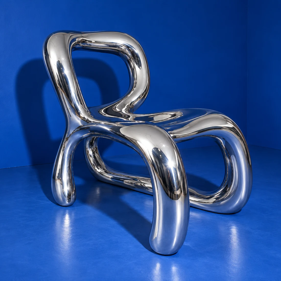 A sculptural chair made from a continuous chrome ribbon