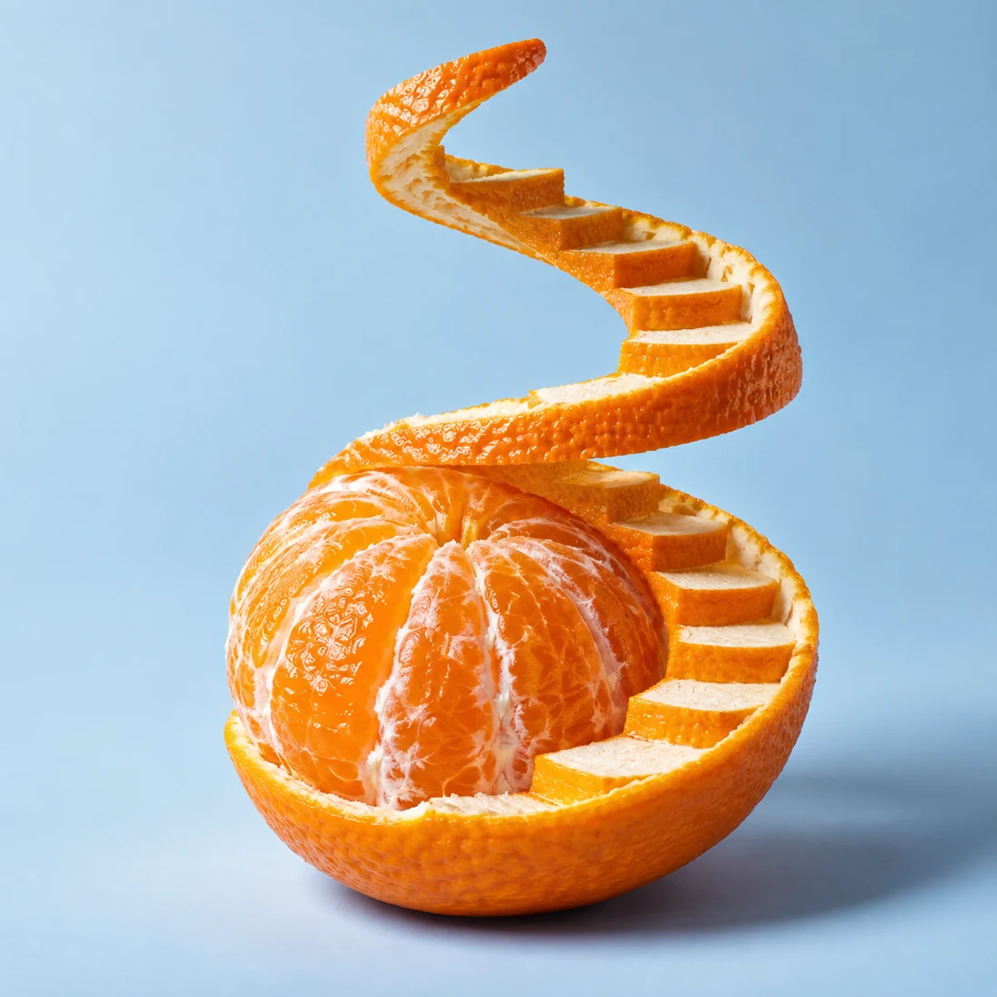 An orange peel unfolding into a spiral staircase