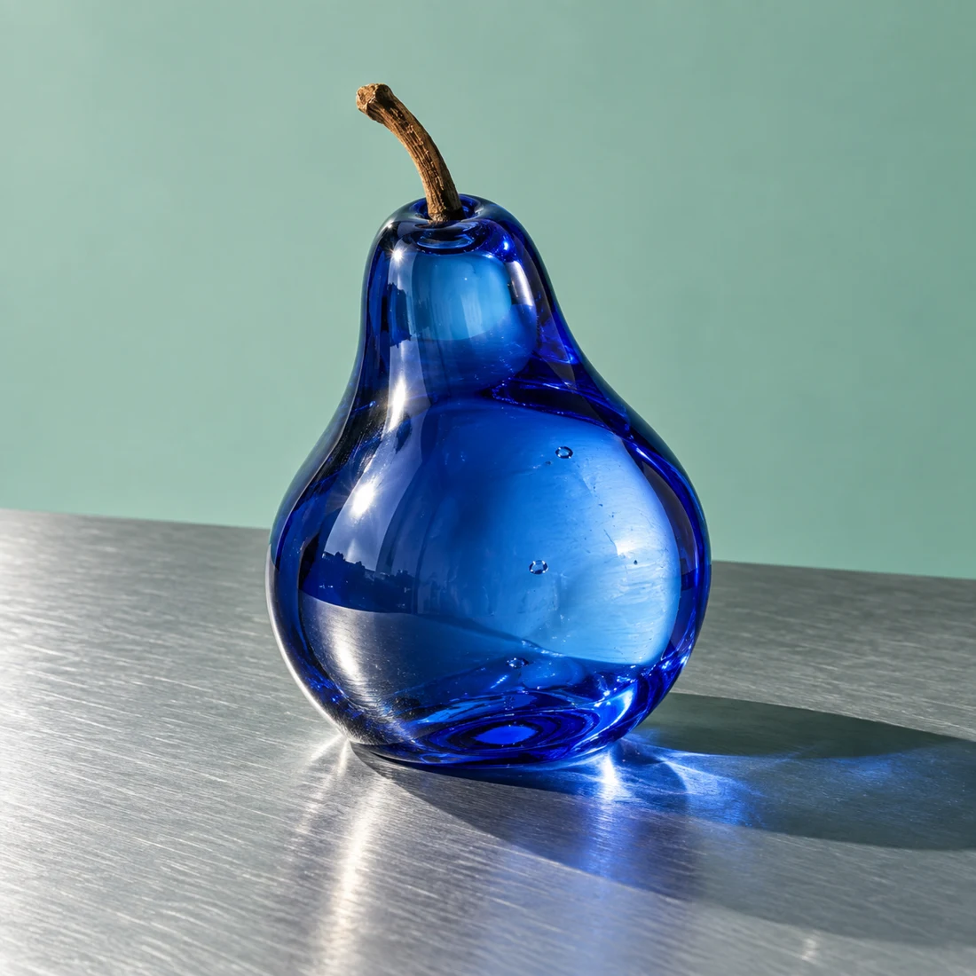 A pear made from transparent cobalt glass